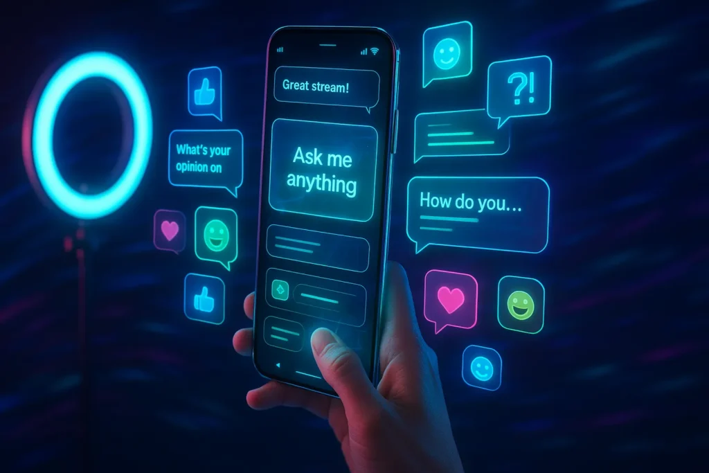 Smartphone futurista exibindo comentários holográficos em tempo real durante transmissão digital.
