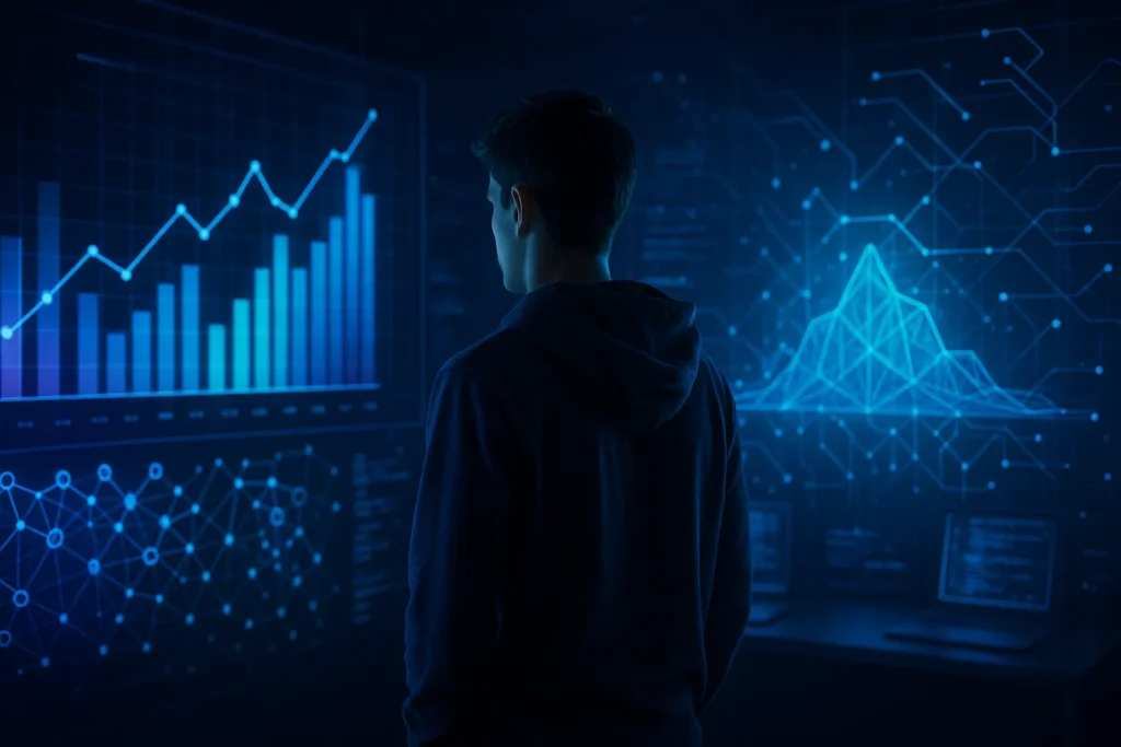Como Crescer No Tiktok: 12 Estratégias Comprovadas Para Explodir Seu Perfil 5 Jovem interagindo com gráficos holográficos futuristas em sala tecnológica azul neon.