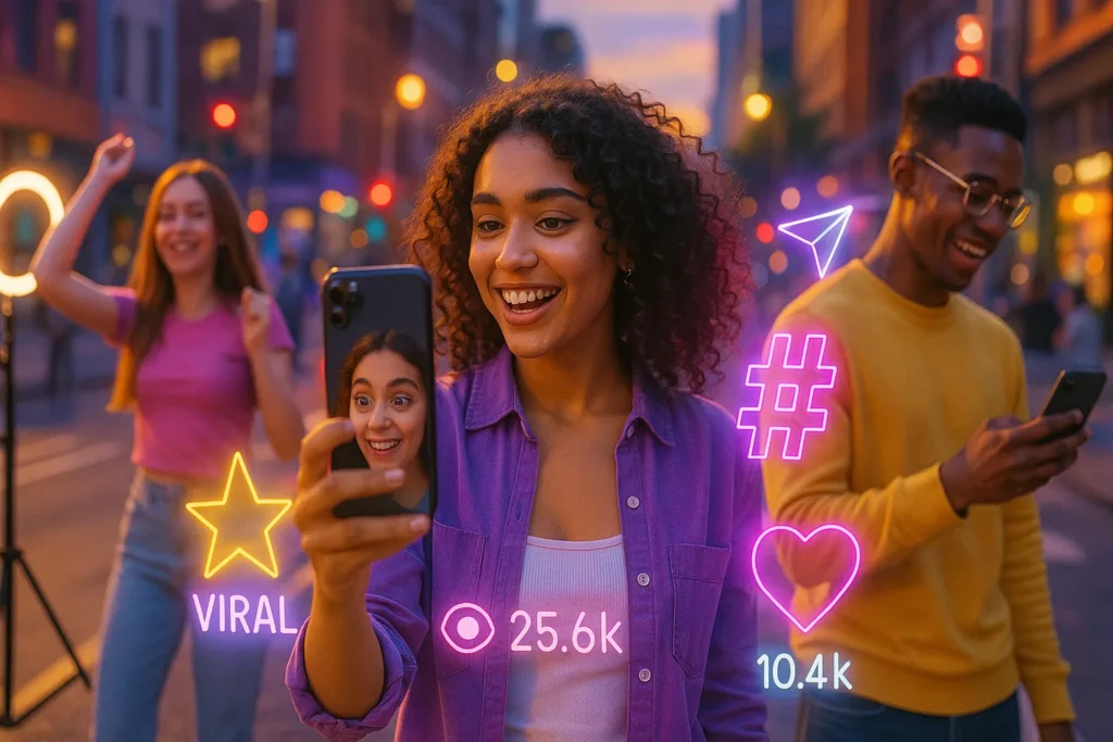Filtros Instagram: 15 Segredos Para Criar Efeitos Virais E Aumentar Seu Engajamento 7 Jovens gravando vídeos no Instagram com filtros e ícones digitais em cenário urbano ao entardecer.