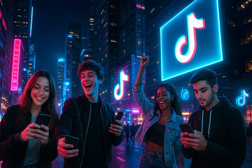 Como Crescer No Tiktok: 12 Estratégias Comprovadas Para Explodir Seu Perfil 1 Grupo de jovens usando celulares em cidade iluminada por neon com logos do TikTok em telões digitais.