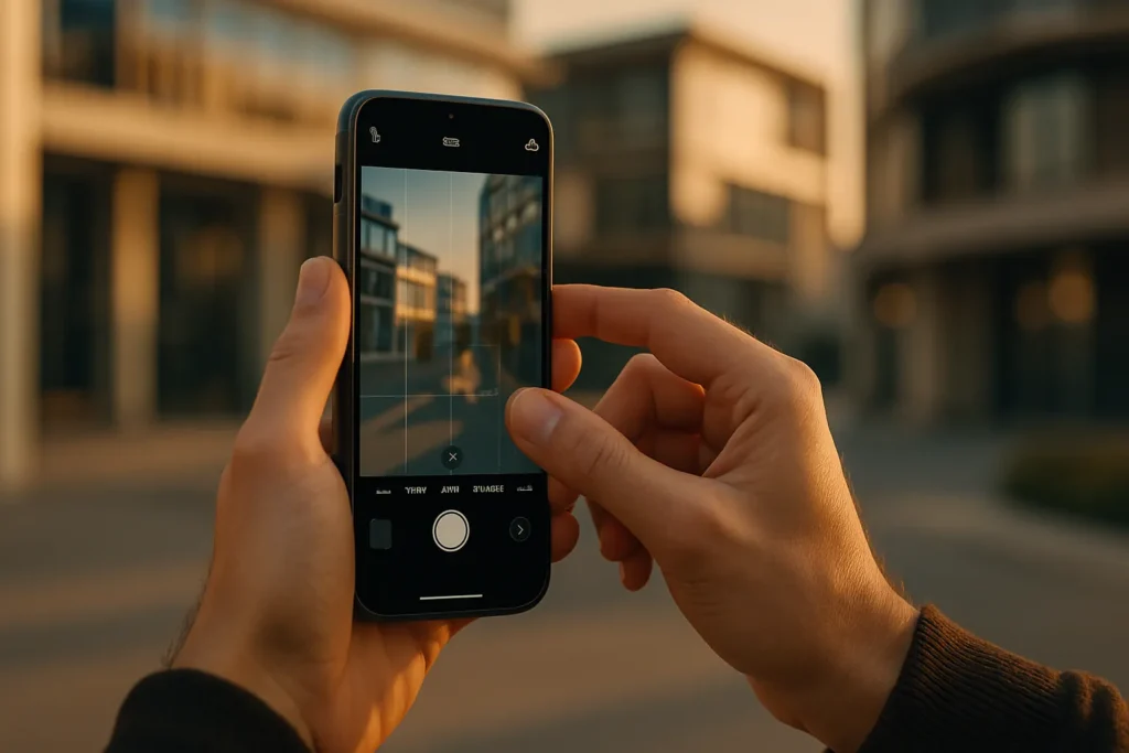 Fotografia Para Redes Sociais: 10 Técnicas Profissionais Usando Apenas Seu Celular 7 Mãos ajustando configurações da câmera em celular moderno em cenário urbano ao entardecer