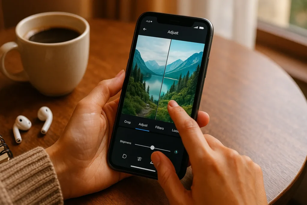 Fotografia Para Redes Sociais: 10 Técnicas Profissionais Usando Apenas Seu Celular 9 pessoa ajustando brilho de foto no app de edição em mesa de café aconchegante