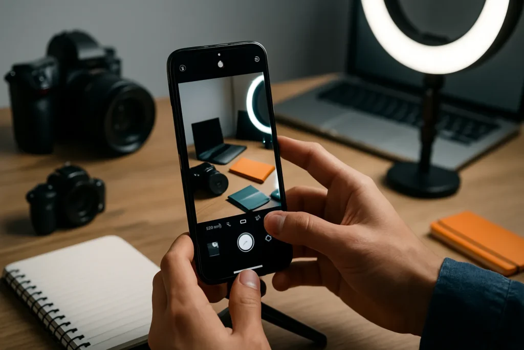 Fotografia Para Redes Sociais: 10 Técnicas Profissionais Usando Apenas Seu Celular 6 Close-up de mãos ajustando câmera de smartphone em mesa com acessórios de fotografia e luz de LED