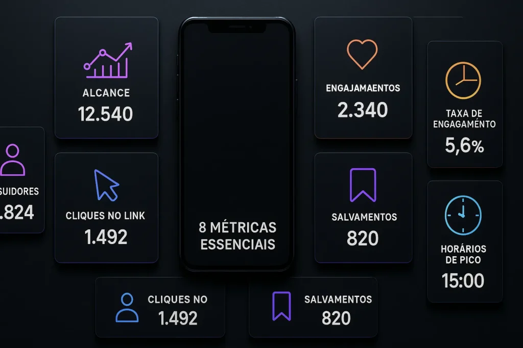Instagram Insights: 8 Métricas Essenciais Para Multiplicar Seu Engajamento 6 Mosaico de métricas essenciais de marketing digital ao redor de um smartphone em fundo escuro elegante.
