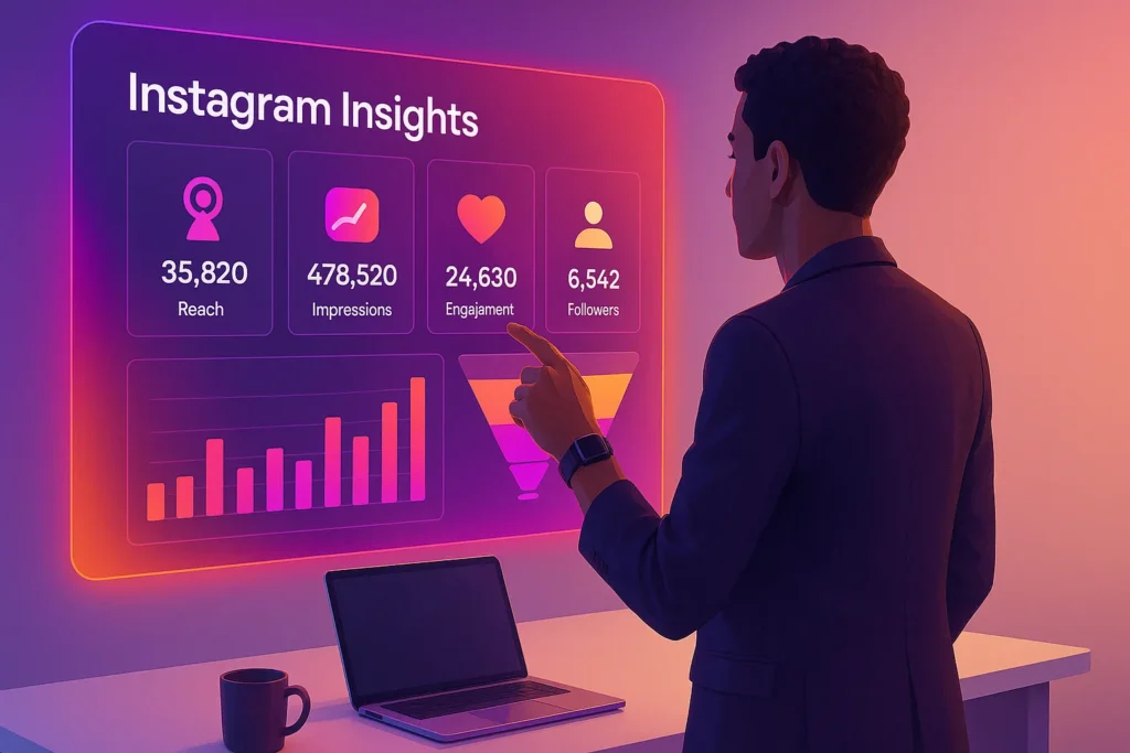Instagram Insights: 8 Métricas Essenciais Para Multiplicar Seu Engajamento 1 Profissional analisando painel holográfico de métricas do Instagram em estúdio moderno com cores vibrantes.