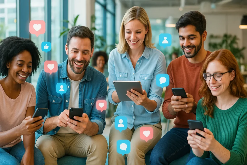 Como Crescer No Tiktok: 12 Estratégias Comprovadas Para Explodir Seu Perfil 7 Grupo diverso em coworking moderno interagindo com celulares e hologramas de redes sociais.
