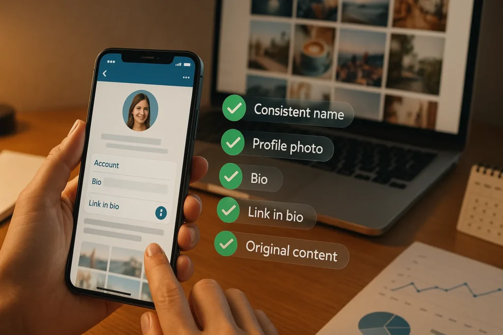 Perfil otimizado em smartphone com checklist de bio, link e conteúdo original