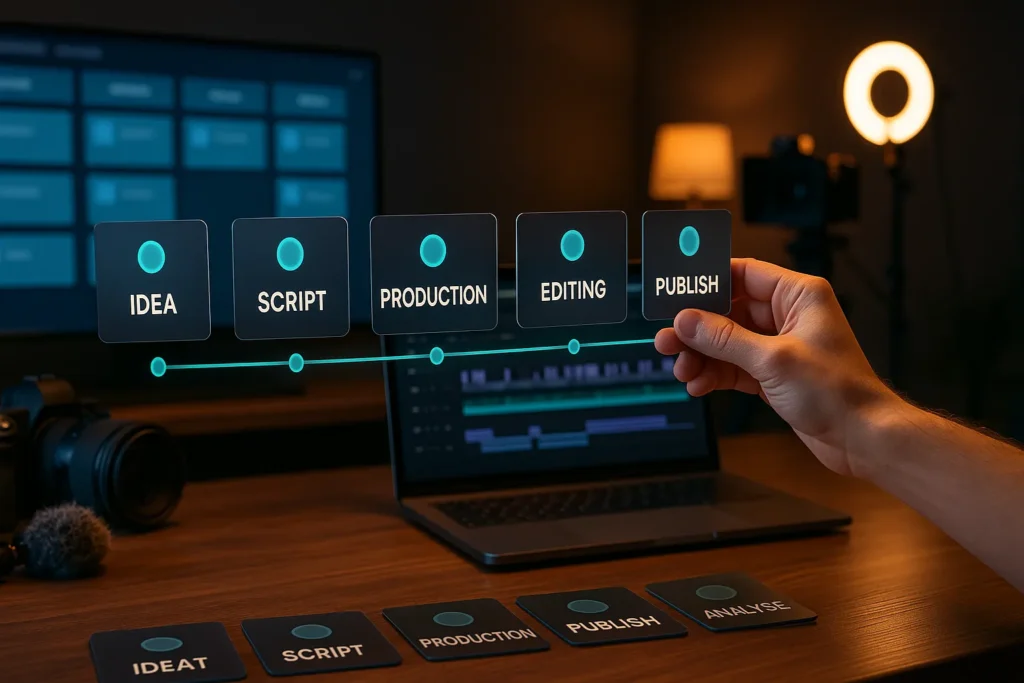 Mão organizando cards digitais de etapas em estúdio criativo com câmera e timeline de edição