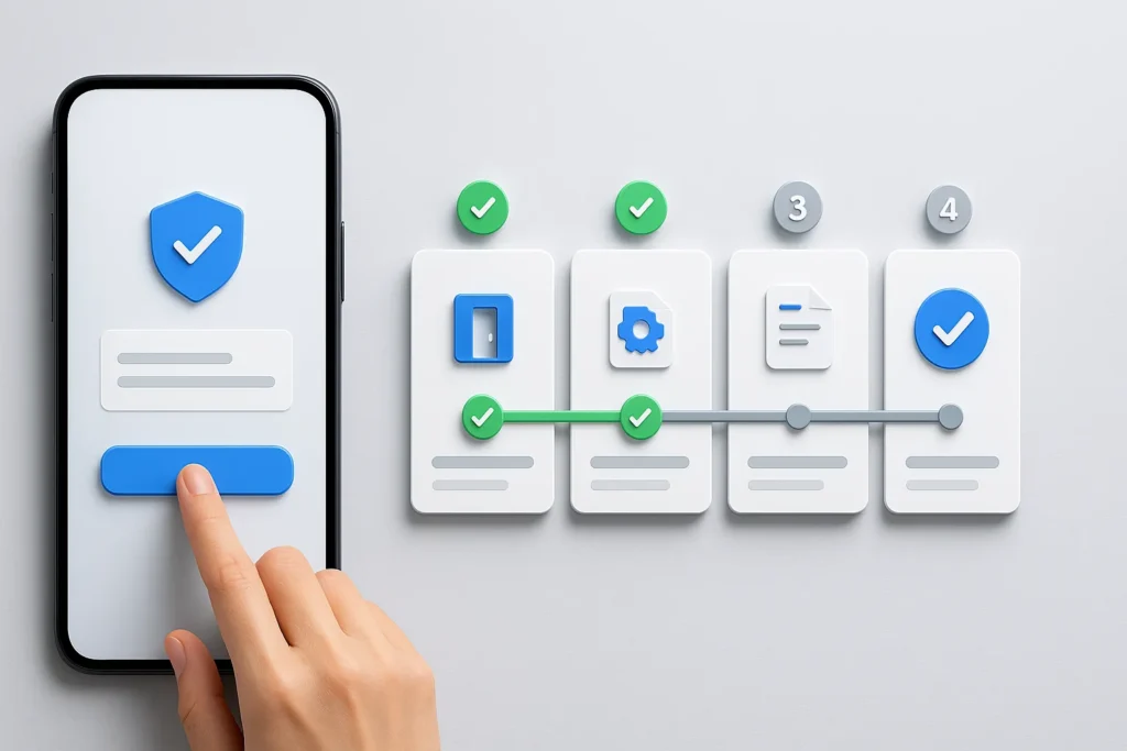 Smartphone com timeline visual mostrando etapas da solicitação até o envio