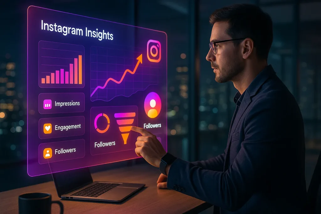 Profissional de marketing analisando painel holográfico de métricas do Instagram em escritório futurista.