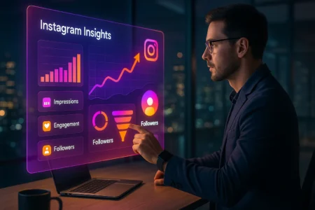 Profissional de marketing analisando painel holográfico de métricas do Instagram em escritório futurista.