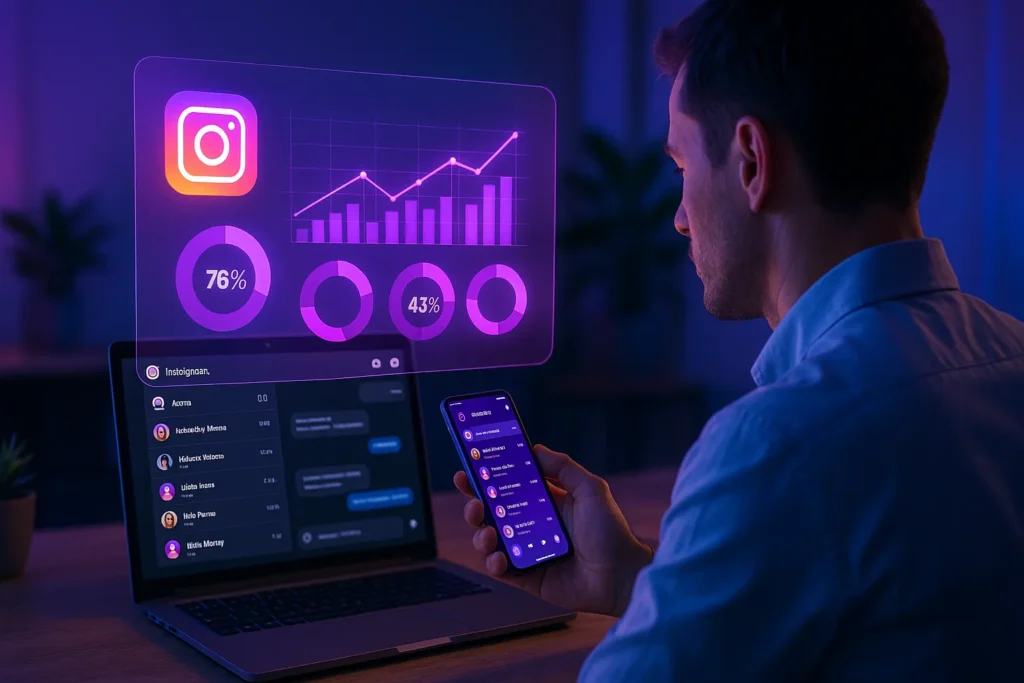 Direct Instagram: 11 Estratégias Para Multiplicar Suas Conversões Via Dm 1 Profissional analisando dados do Instagram Direct em painel holográfico no escritório moderno.