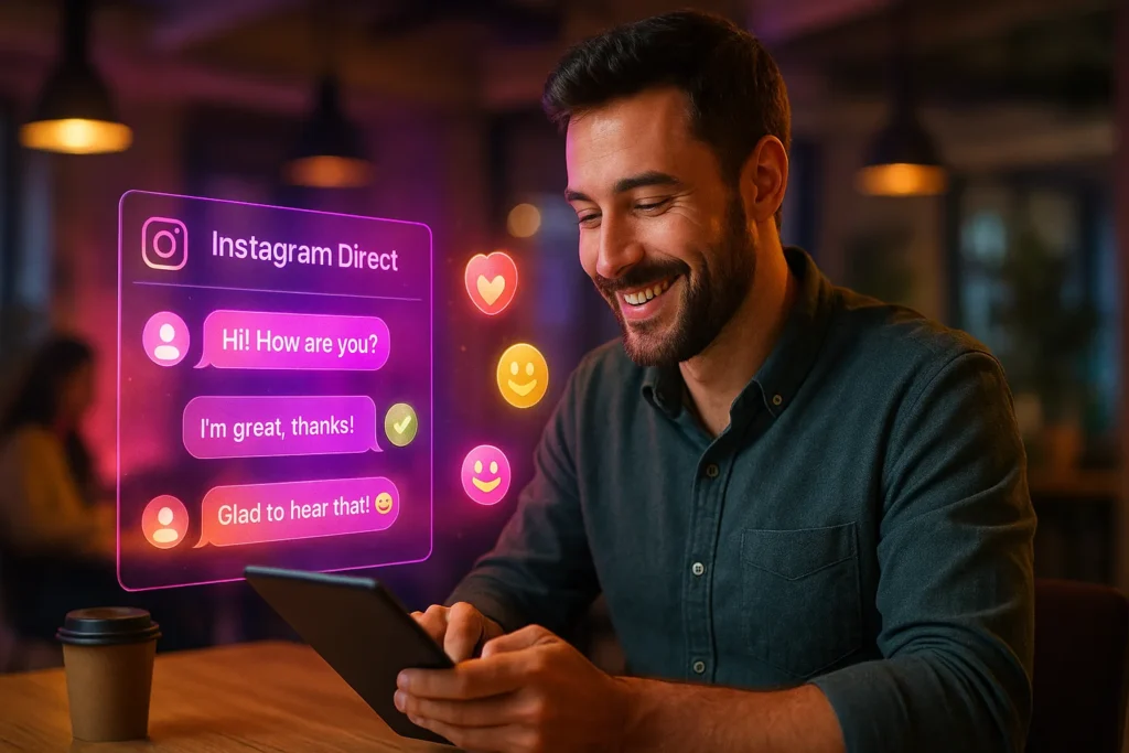 Direct Instagram: 11 Estratégias Para Multiplicar Suas Conversões Via Dm 6 Profissional digitando no Instagram Direct com tela holográfica exibindo mensagens e ícones coloridos.