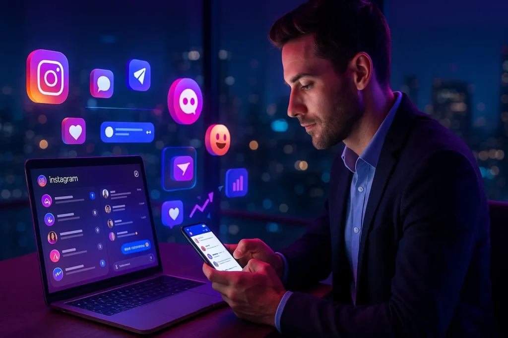 Profissional digitando no Instagram Direct com hologramas de mensagens e métricas no escritório moderno.
