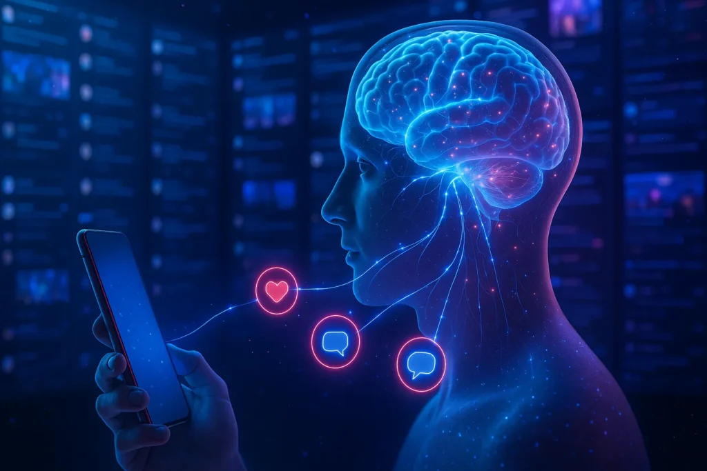 Cérebro em atividade com ícones de compartilhamento conectados por luzes em ambiente digital
