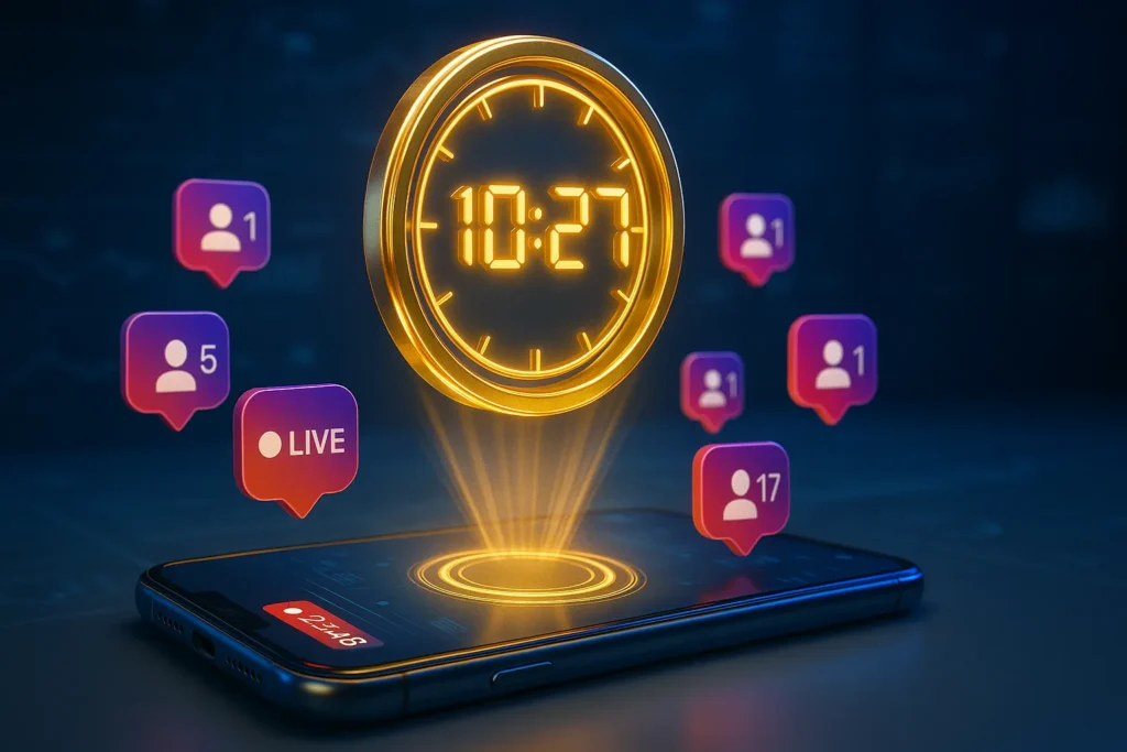 Relógio holográfico dourado flutuando sobre smartphone em live com ícones de seguidores digitais.