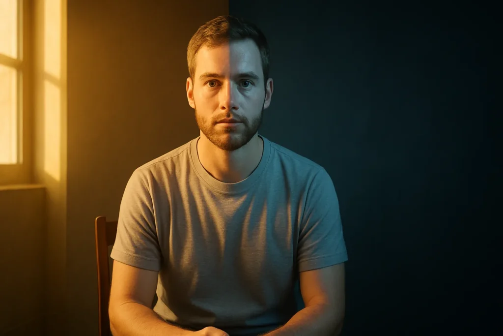 Fotografia Para Redes Sociais: 10 Técnicas Profissionais Usando Apenas Seu Celular 8 Retrato de pessoa com metade iluminada por luz solar e metade por luz artificial de LED