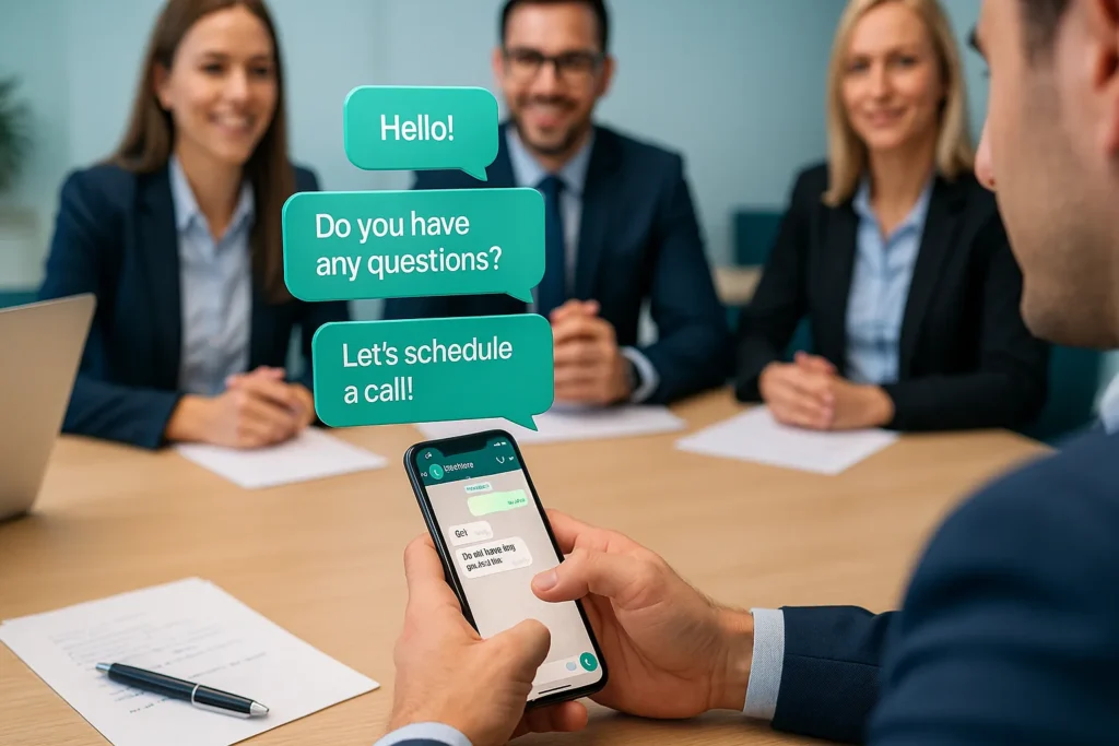 Como Vender Pelo Whatsapp: 12 Estratégias Comprovadas Para Multiplicar Suas Vendas 6 Equipe de vendas em reunião com celular conectado ao WhatsApp exibindo mensagens persuasivas.