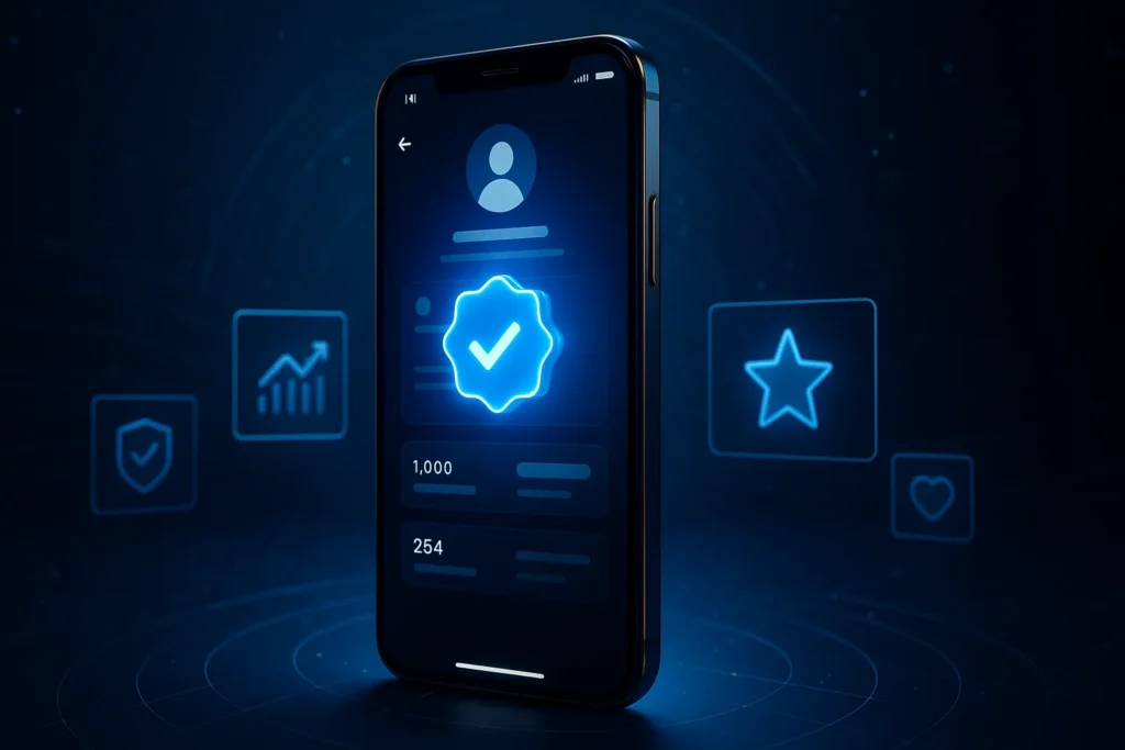 Smartphone futurista exibindo selo azul de verificação no Instagram com hologramas digitais flutuando