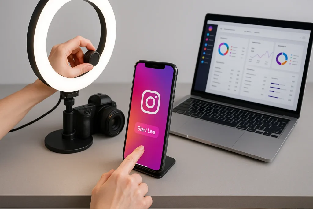 Mesa organizada com notebook, câmera, ring light e smartphone pronto para iniciar live no Instagram.