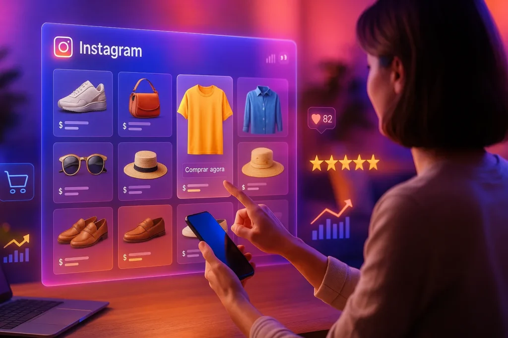 Pessoa navegando em vitrine digital holográfica do Instagram Shop em estúdio moderno.