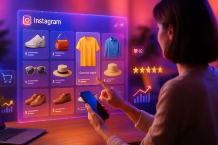 Pessoa navegando em vitrine digital holográfica do Instagram Shop em estúdio moderno.