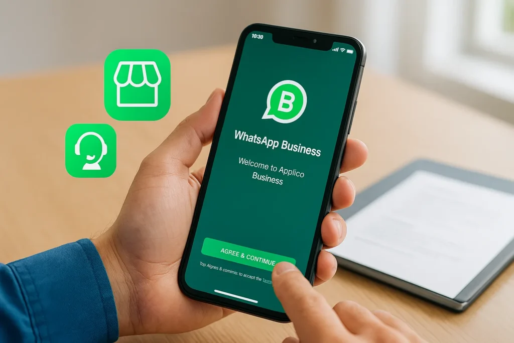 Como Vender Pelo Whatsapp: 12 Estratégias Comprovadas Para Multiplicar Suas Vendas 5 Consultor configurando WhatsApp Business em celular com tablet ao fundo e ícones flutuantes de atendimento e catálogo.
