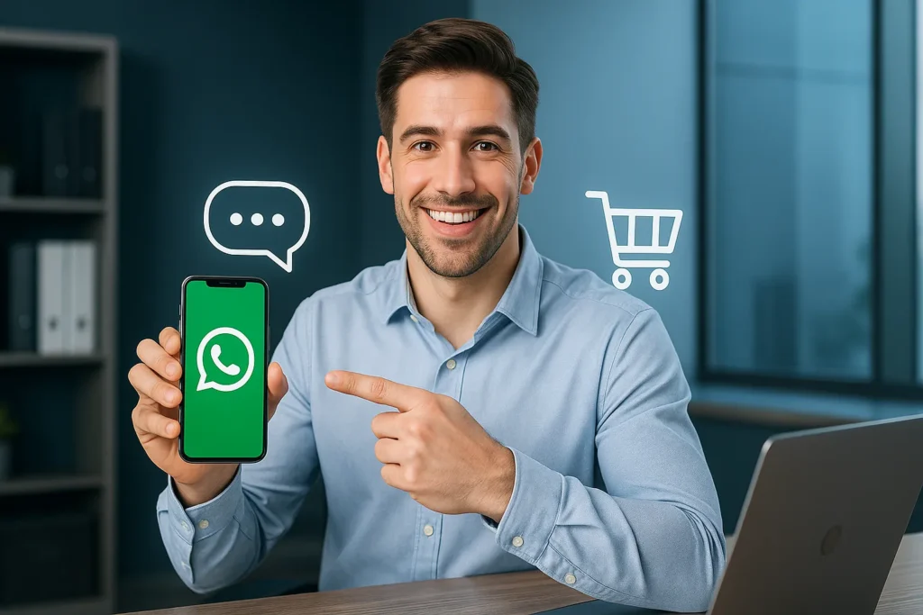 Como Vender Pelo Whatsapp: 12 Estratégias Comprovadas Para Multiplicar Suas Vendas 1 Homem sorridente mostrando WhatsApp no celular como ferramenta de vendas poderosa.