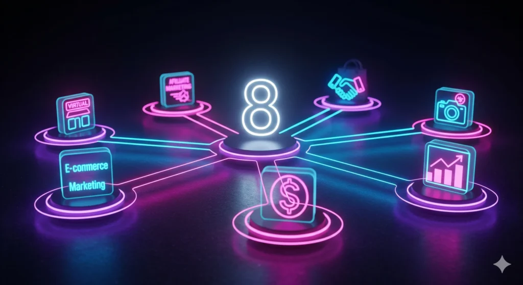 Como Ganhar Dinheiro Com Instagram: 8 Métodos Comprovados Para Lucrar Em 2024 4 O número 8 em destaque, cercado por oito ícones de neon representando diferentes métodos de monetização no Instagram.