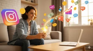 Pessoa sorridente em um sofá, olhando para um smartphone de onde saem ícones de dinheiro, moedas, corações e gráficos de crescimento do Instagram.