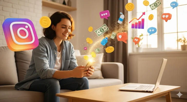 Pessoa sorridente em um sofá, olhando para um smartphone de onde saem ícones de dinheiro, moedas, corações e gráficos de crescimento do Instagram.