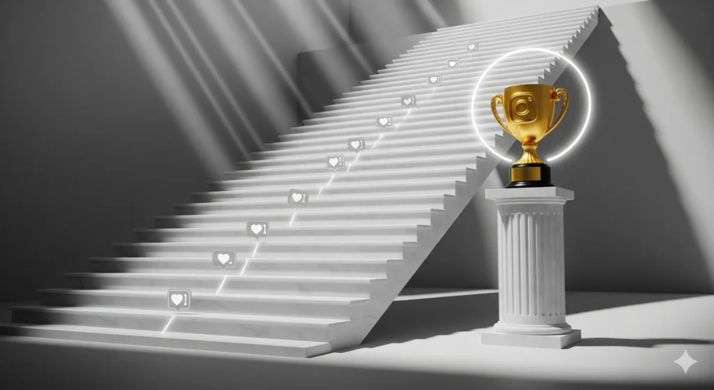 Como Ganhar Dinheiro Com Instagram: 8 Métodos Comprovados Para Lucrar Em 2024 5 Escadaria de mármore branco subindo em direção a um troféu dourado do Instagram, com pequenos ícones de curtidas e comentários.