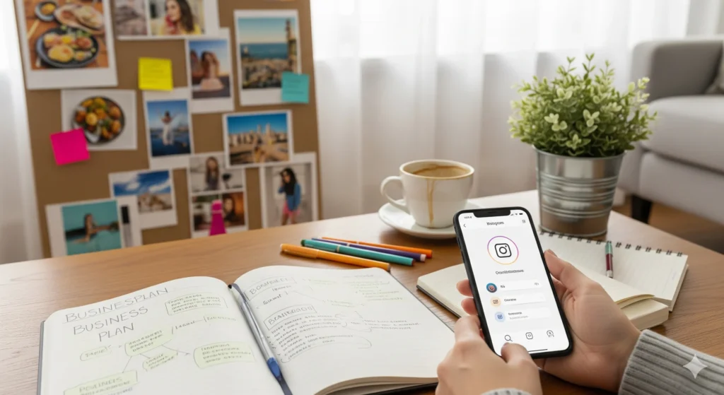 Como Ganhar Dinheiro Com Instagram: 8 Métodos Comprovados Para Lucrar Em 2024 1 Vista de escritório moderno ao pôr do sol, com laptop e celular em primeiro plano, rodeados por ícones de dinheiro e gráficos de crescimento.