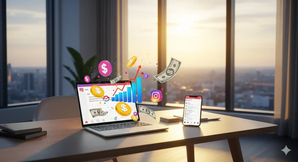 Como Ganhar Dinheiro Com Instagram: 8 Métodos Comprovados Para Lucrar Em 2024 3 Mãos de uma pessoa usando um smartphone para editar o perfil do Instagram, com um caderno de anotações e um painel de inspiração no fundo.